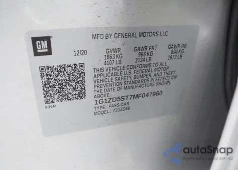 2021 Chevrolet Malibu Fwd Lt z USA, uszkodzony, nr VIN 1G1ZD5ST7MF047960